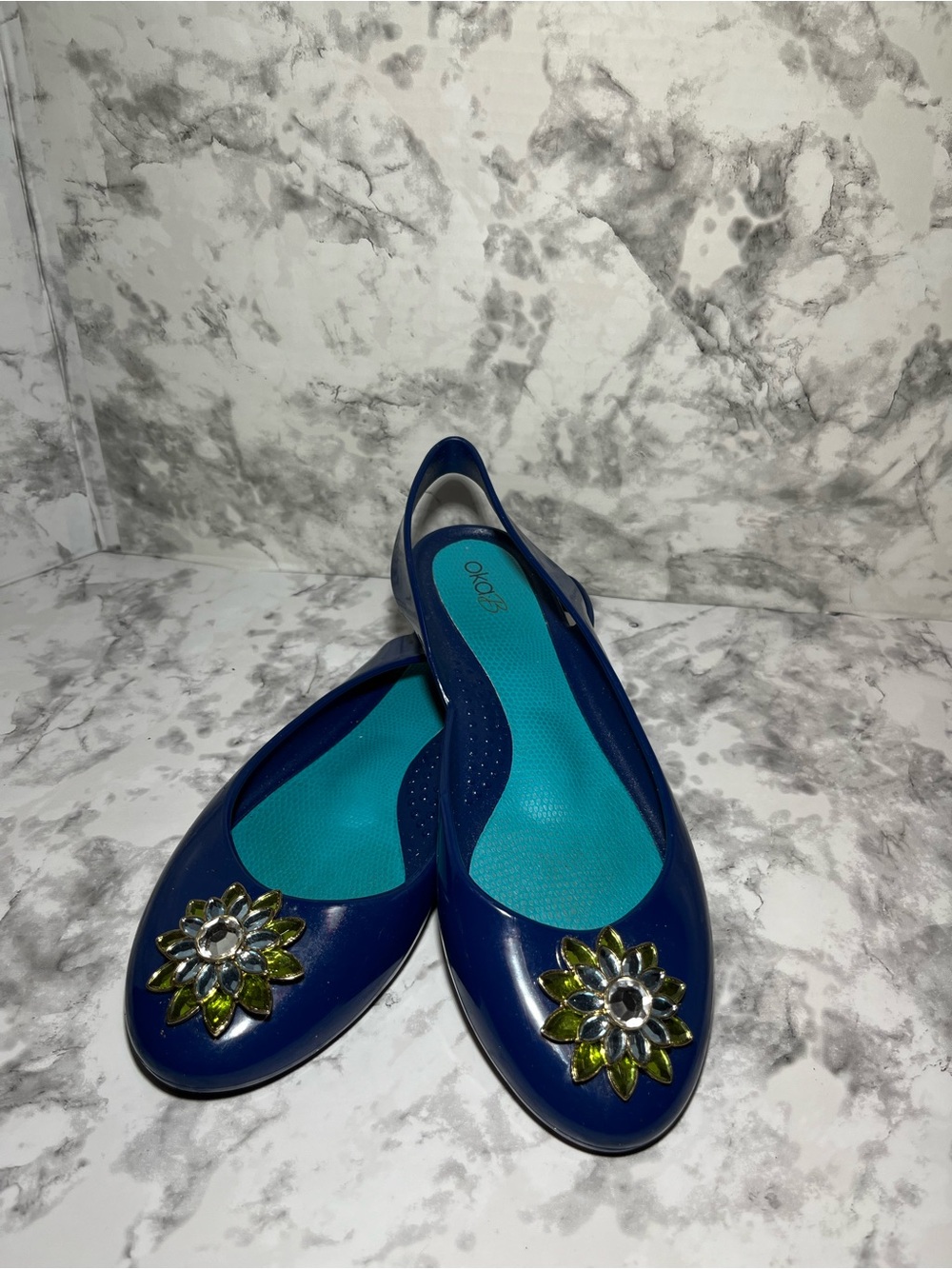 OKA b. Navy Blue Jelly Flats with Green Jewel Flower